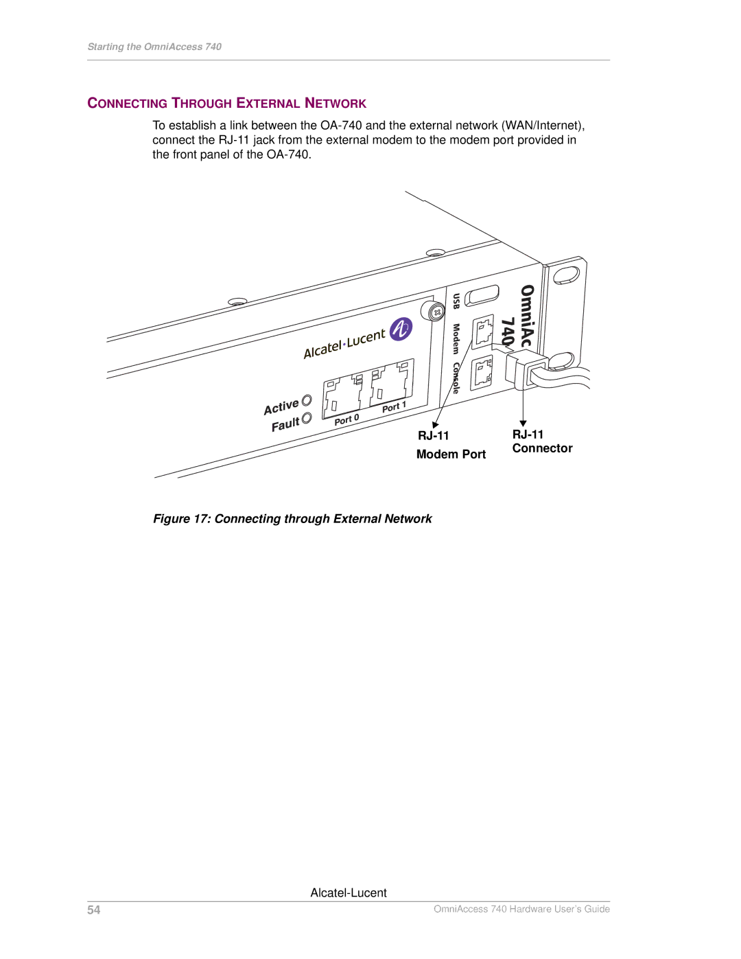 Alcatel-Lucent 740 manual Connecting Through External Network, RJ-11 Modem Port Connector 