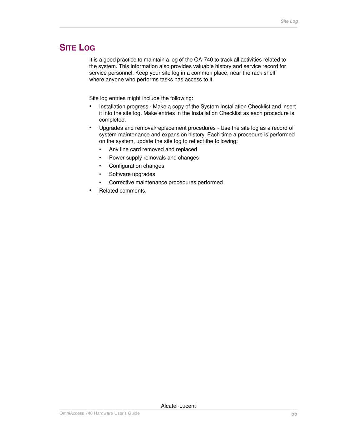 Alcatel-Lucent 740 manual Site LOG 