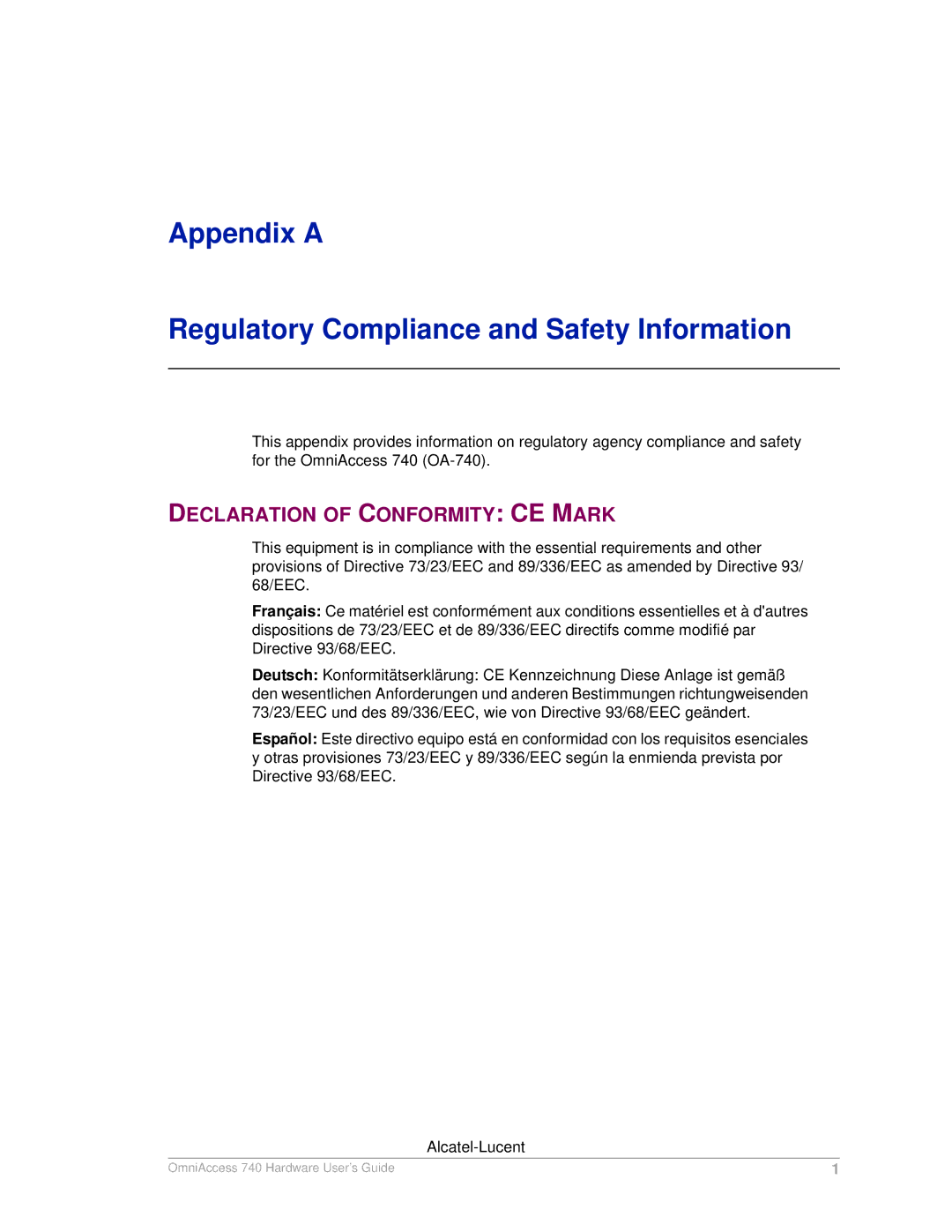 Alcatel-Lucent 740 manual Appendix a Regulatory Compliance and Safety Information, Declaration of Conformity CE Mark 