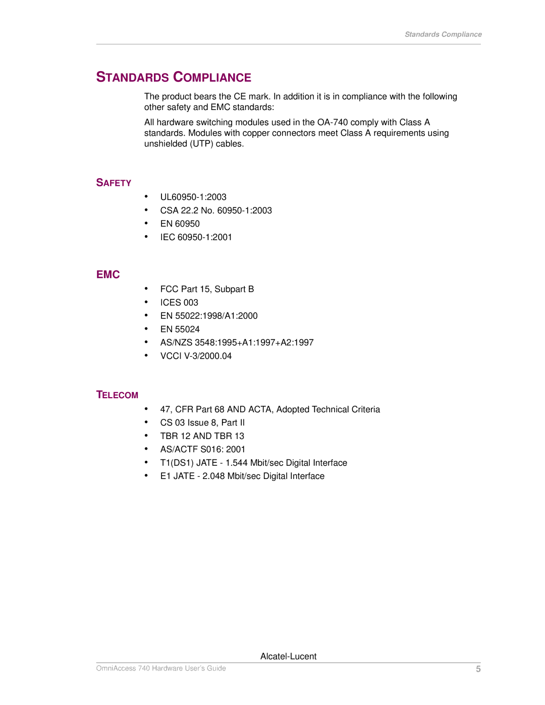 Alcatel-Lucent 740 manual Standards Compliance, Safety, Telecom 