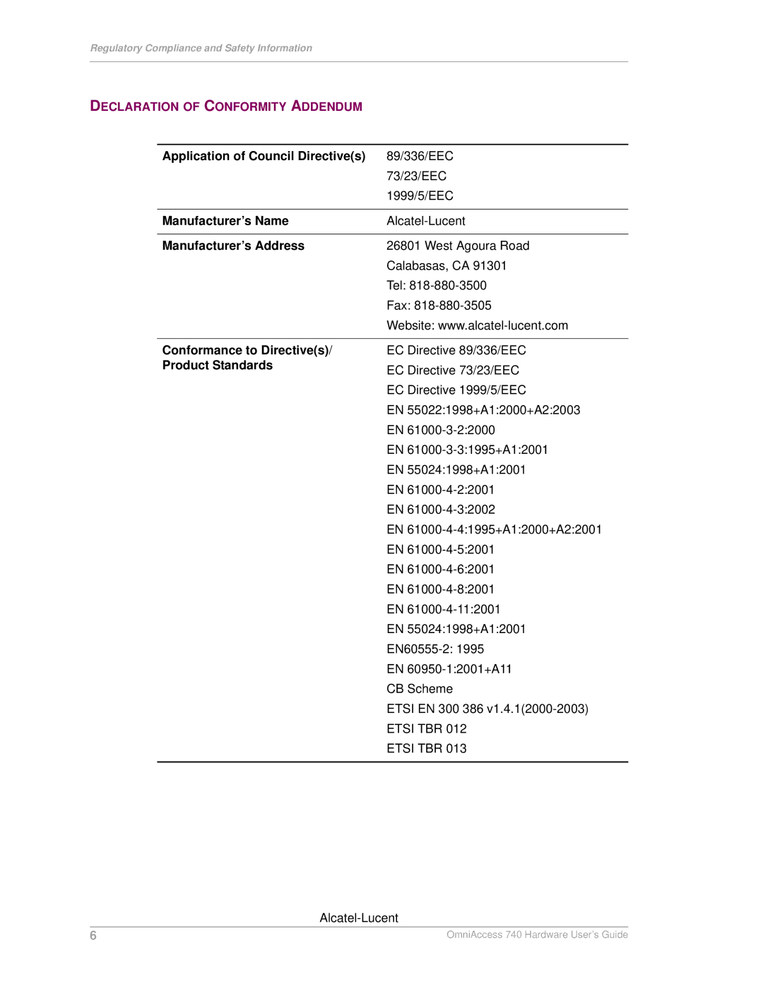 Alcatel-Lucent 740 manual Declaration of Conformity Addendum, Application of Council Directives, Manufacturer’s Name 