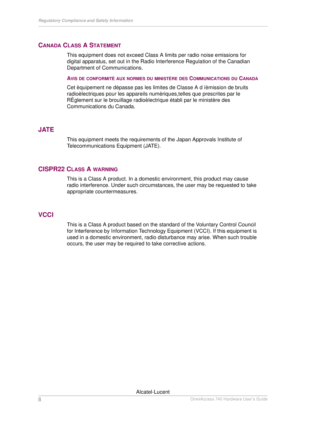 Alcatel-Lucent 740 manual Canada Class a Statement, CISPR22 Class a Warning 