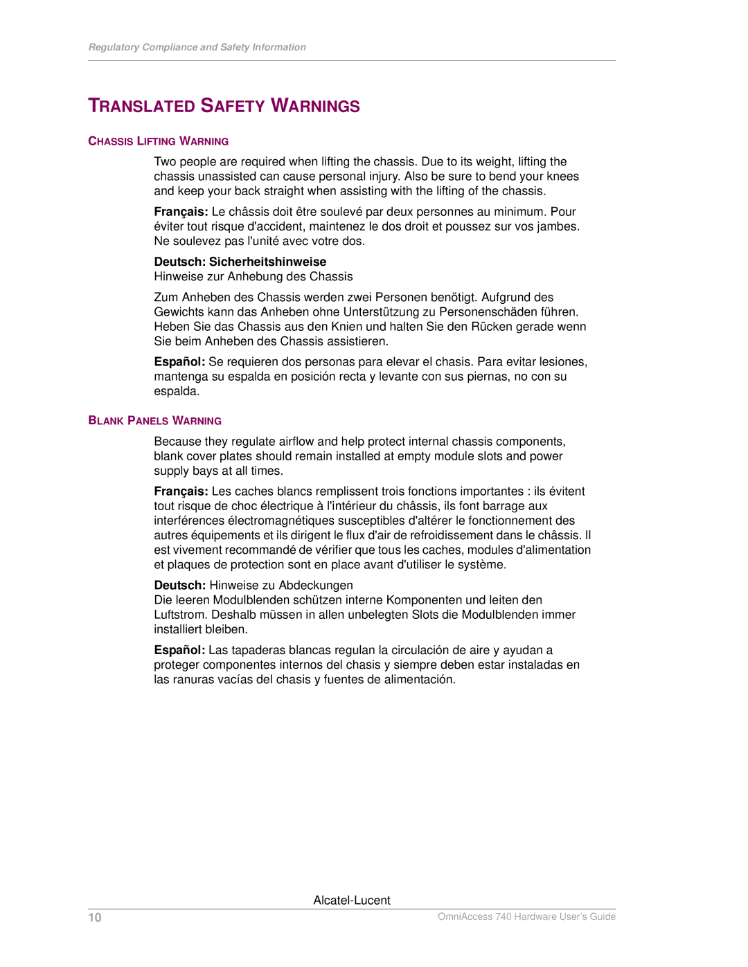 Alcatel-Lucent 740 manual Translated Safety Warnings 