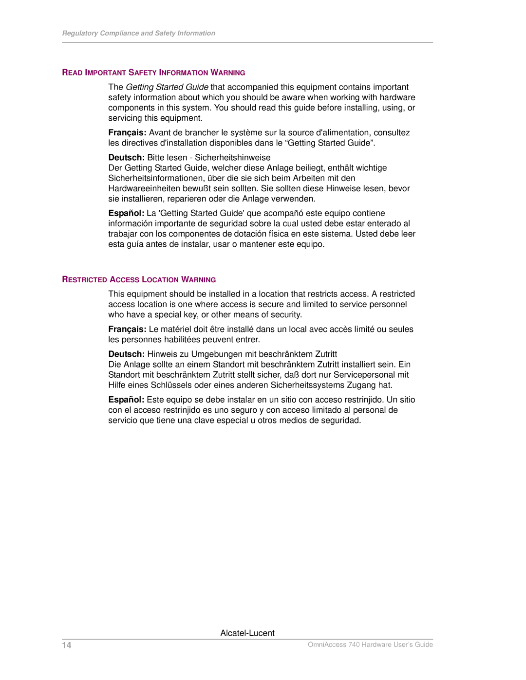 Alcatel-Lucent 740 manual Read Important Safety Information Warning 