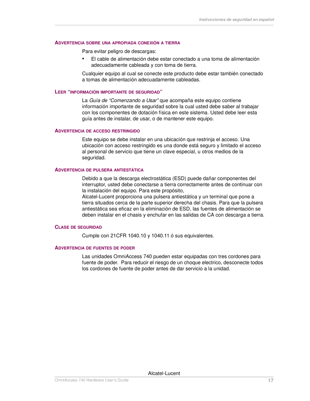 Alcatel-Lucent 740 manual Cumple con 21CFR 1040.10 y 1040.11 ó sus equivalentes 