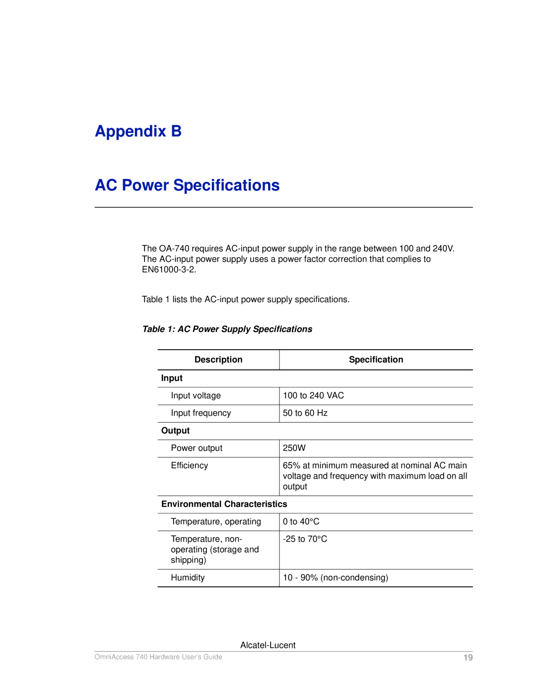 Alcatel-Lucent 740 AC Power Supply Specifications, Description Specification Input, Output, Environmental Characteristics 