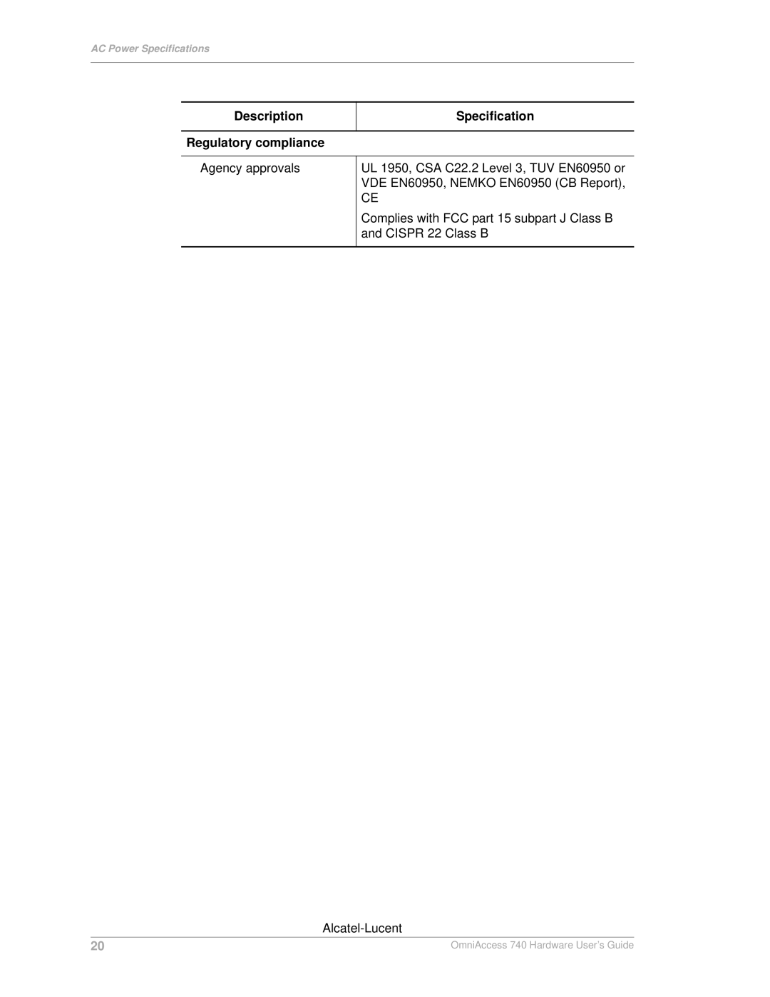 Alcatel-Lucent 740 manual Description Specification Regulatory compliance 