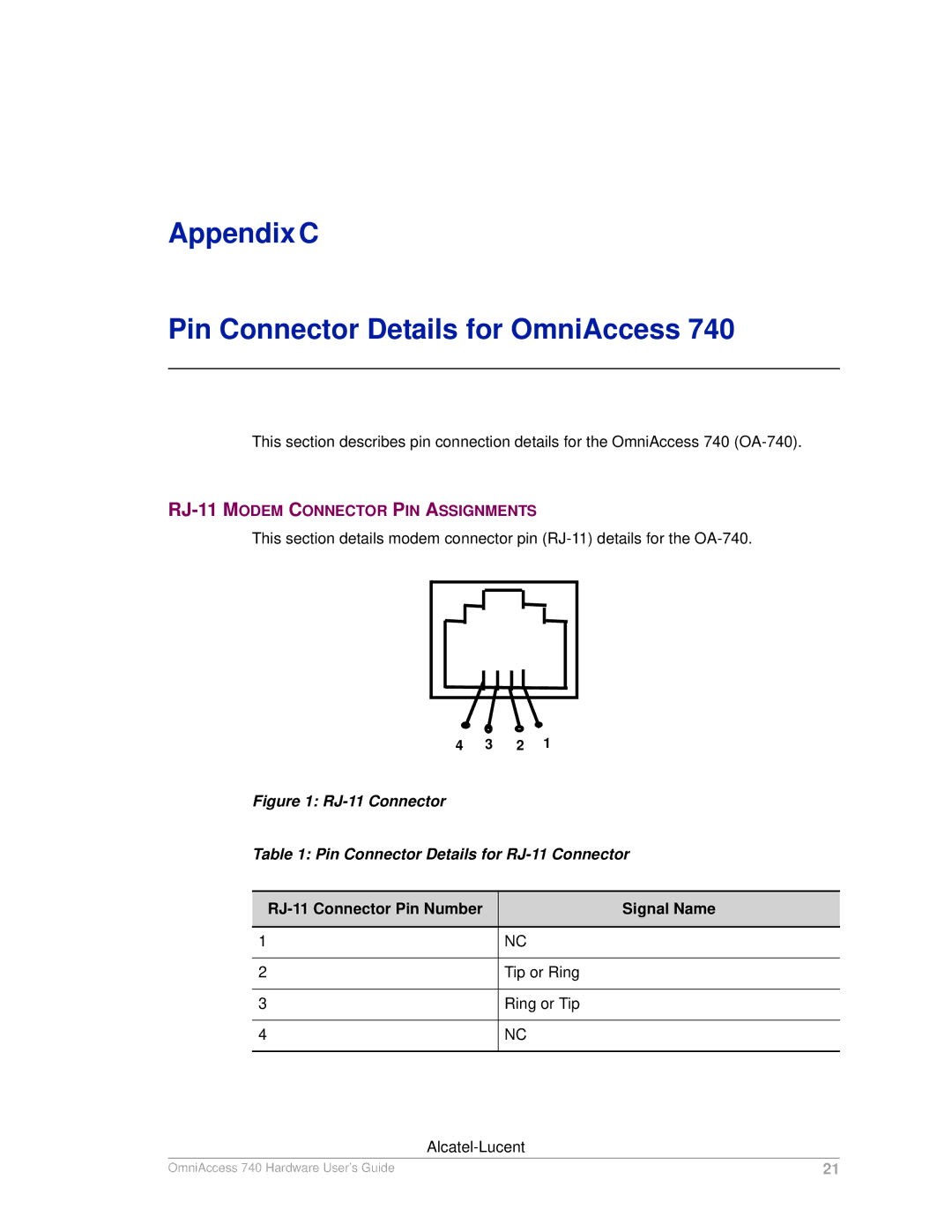 Alcatel-Lucent 740 manual RJ-11 Modem Connector PIN Assignments, RJ-11 Connector Pin Number Signal Name 