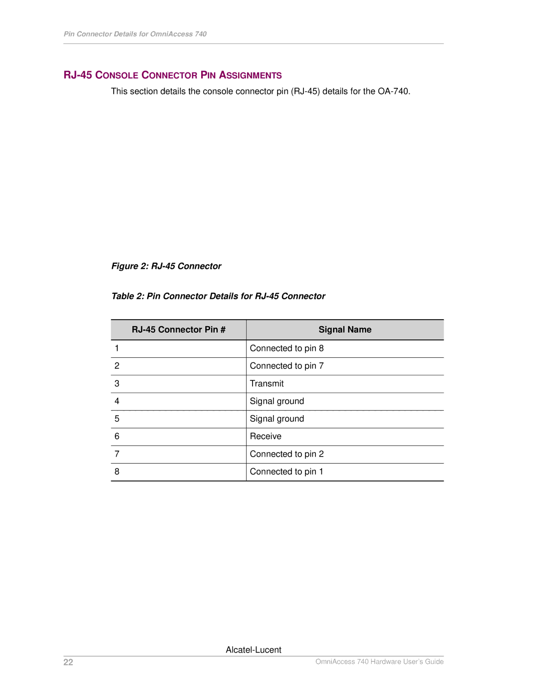 Alcatel-Lucent 740 manual RJ-45 Console Connector PIN Assignments, RJ-45 Connector Pin # Signal Name 