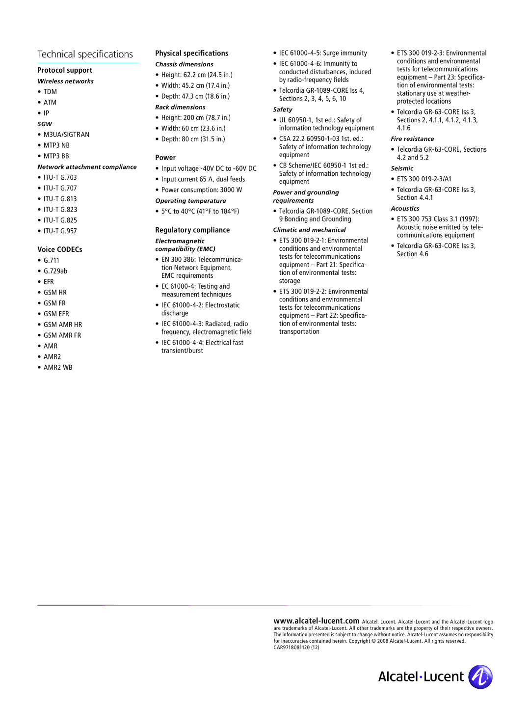 Alcatel-Lucent 7549 MGW manual Technical specifications 