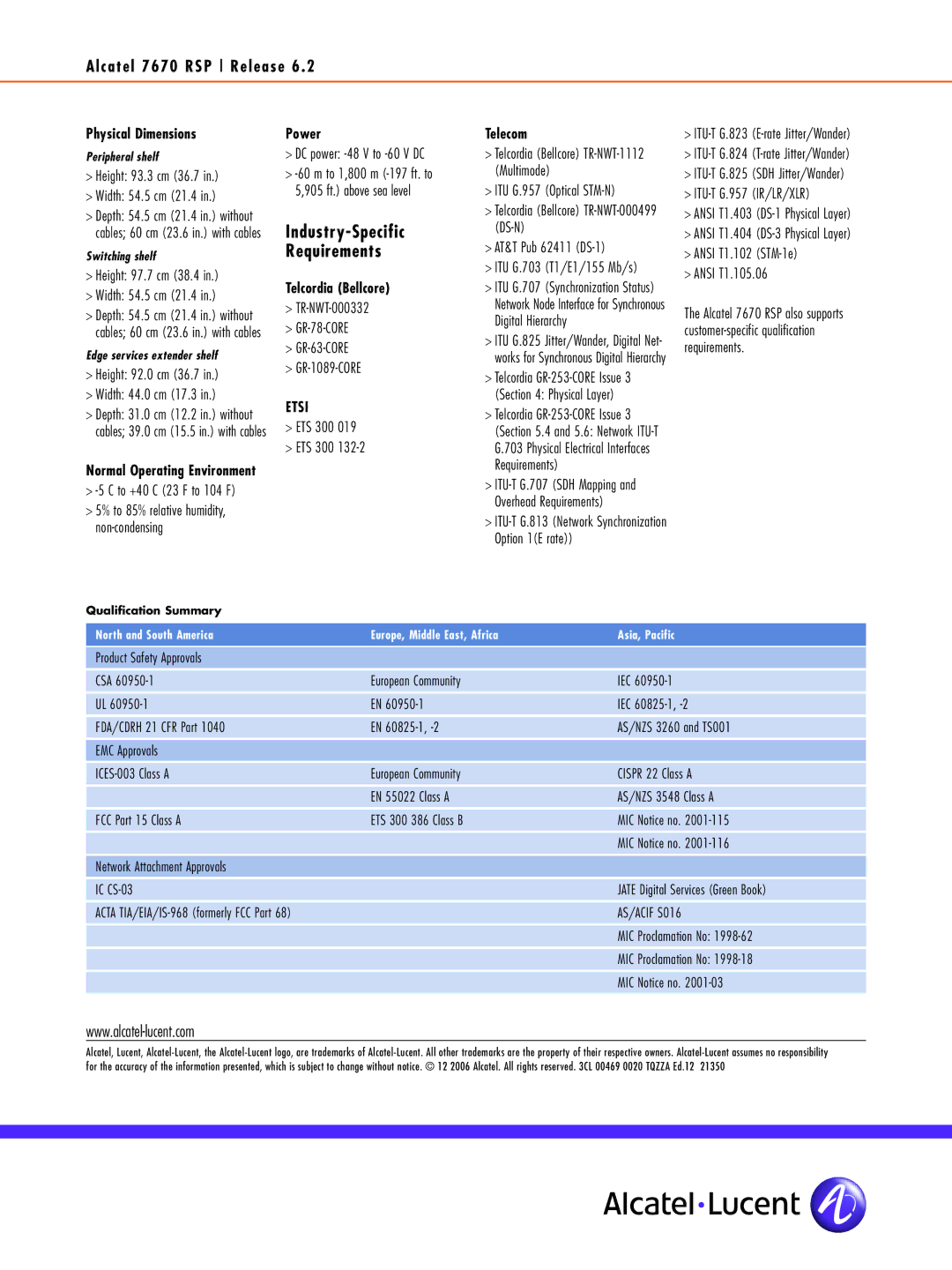 Alcatel-Lucent 7670 RSP manual Physical Dimensions, Power, Industry-Specific Requirements Telcordia Bellcore, Telecom 