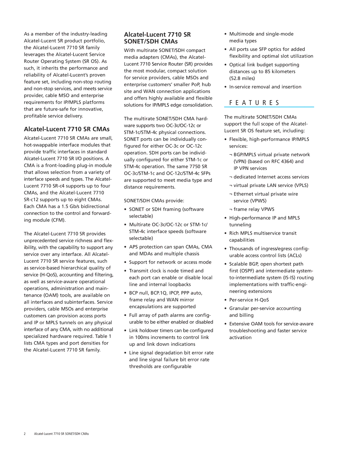 Alcatel-Lucent 7710 SDH CMAs manual A T U R E S, Alcatel-Lucent 7710 SR CMAs, Alcatel-Lucent 7710 SR SONET/SDH CMAs 