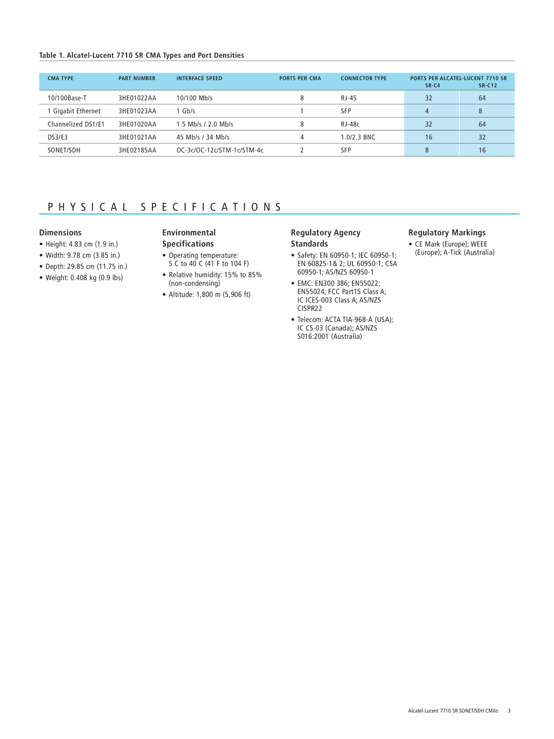 Alcatel-Lucent 7710 SR SONET manual Y S I C a L Specification S, Alcatel-Lucent 7710 SR CMA Types and Port Densities 