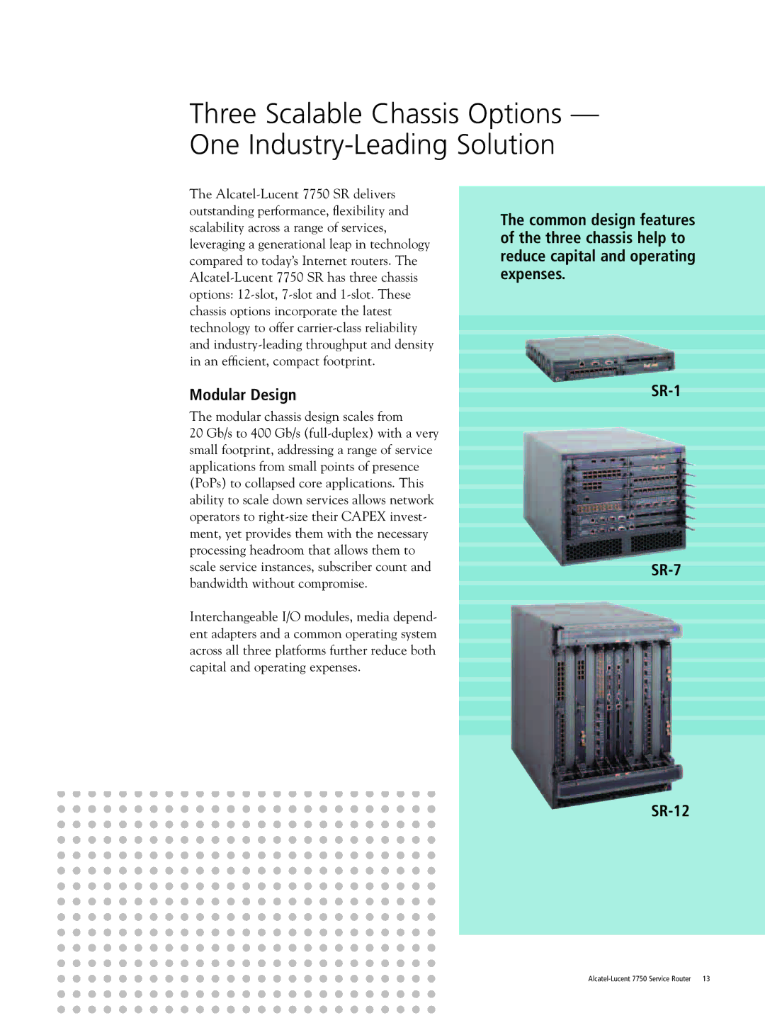 Alcatel-Lucent 7750 SR manual Three Scalable Chassis Options One Industry-Leading Solution, Modular Design 