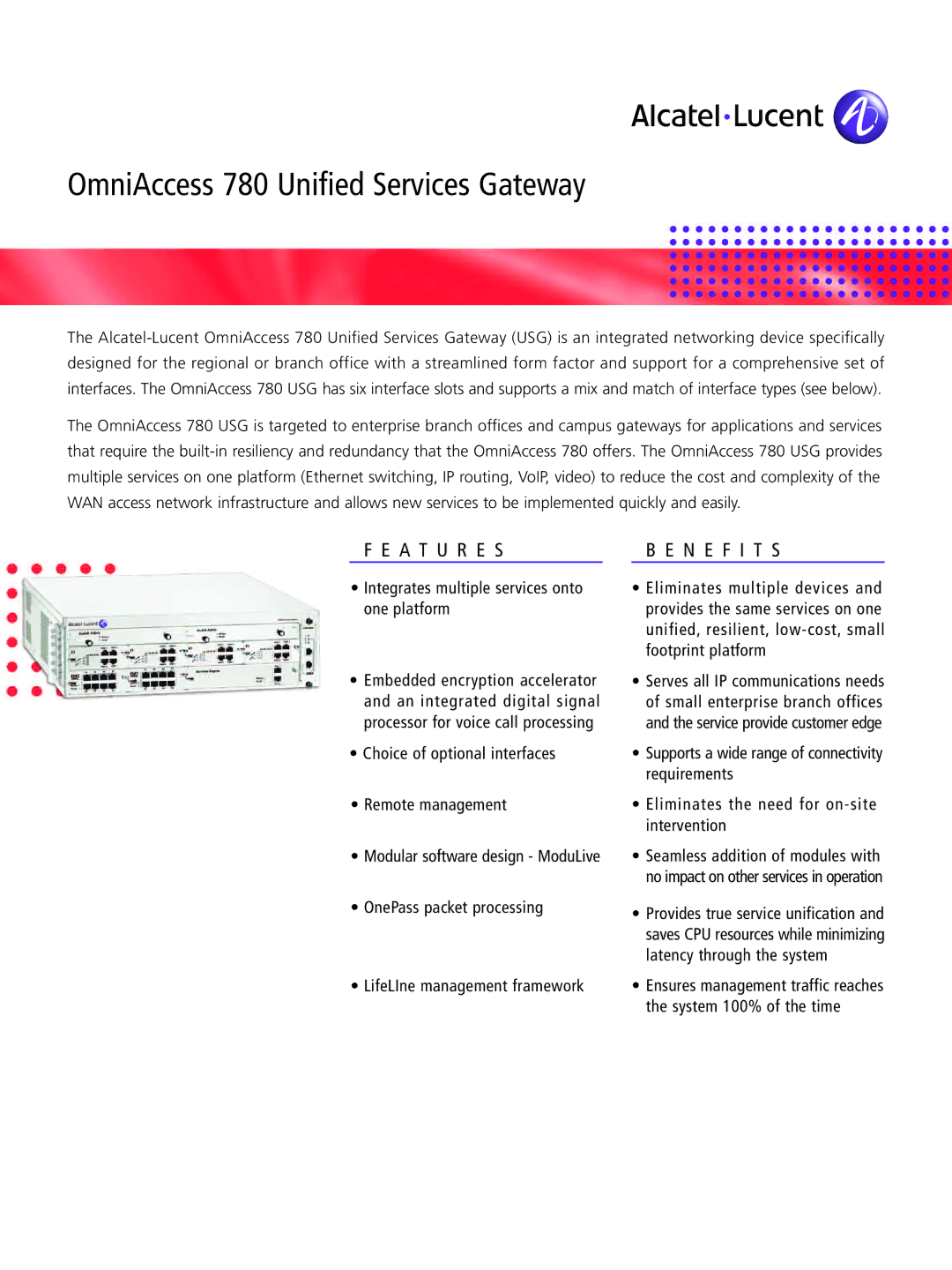 Alcatel-Lucent manual OmniAccess 780 Uniﬁed Services Gateway, Fea Tu Re S Ene Fit S 