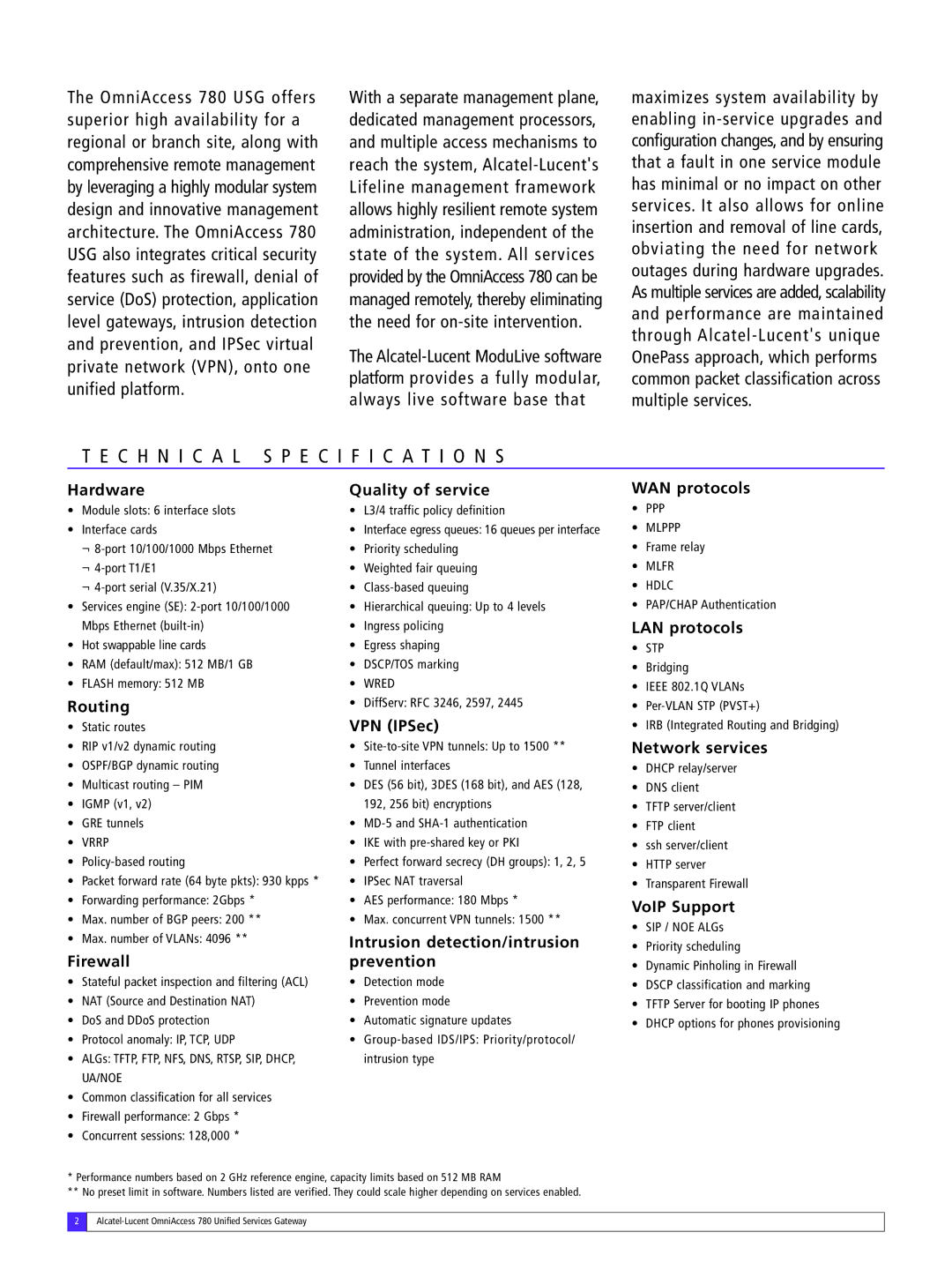 Alcatel-Lucent 780 manual TE CHN I CAL Specificat Ions 