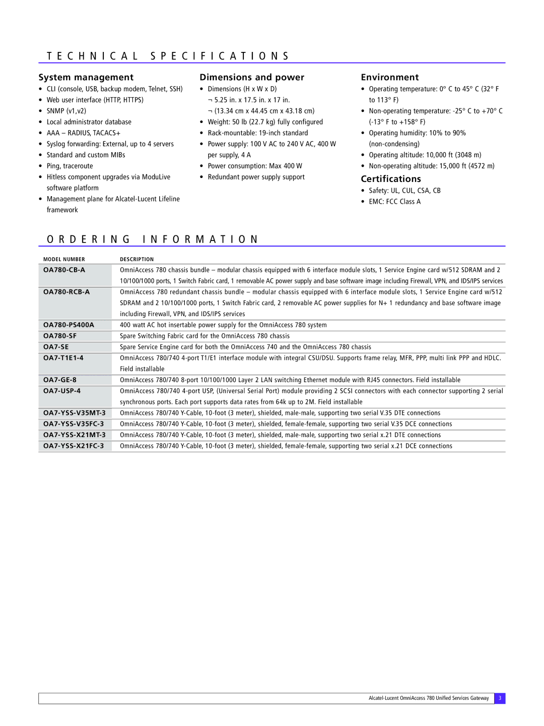 Alcatel-Lucent 780 manual Te Chn Cal, ORD ER I NG Informa Tion, System management Dimensions and power Environment 