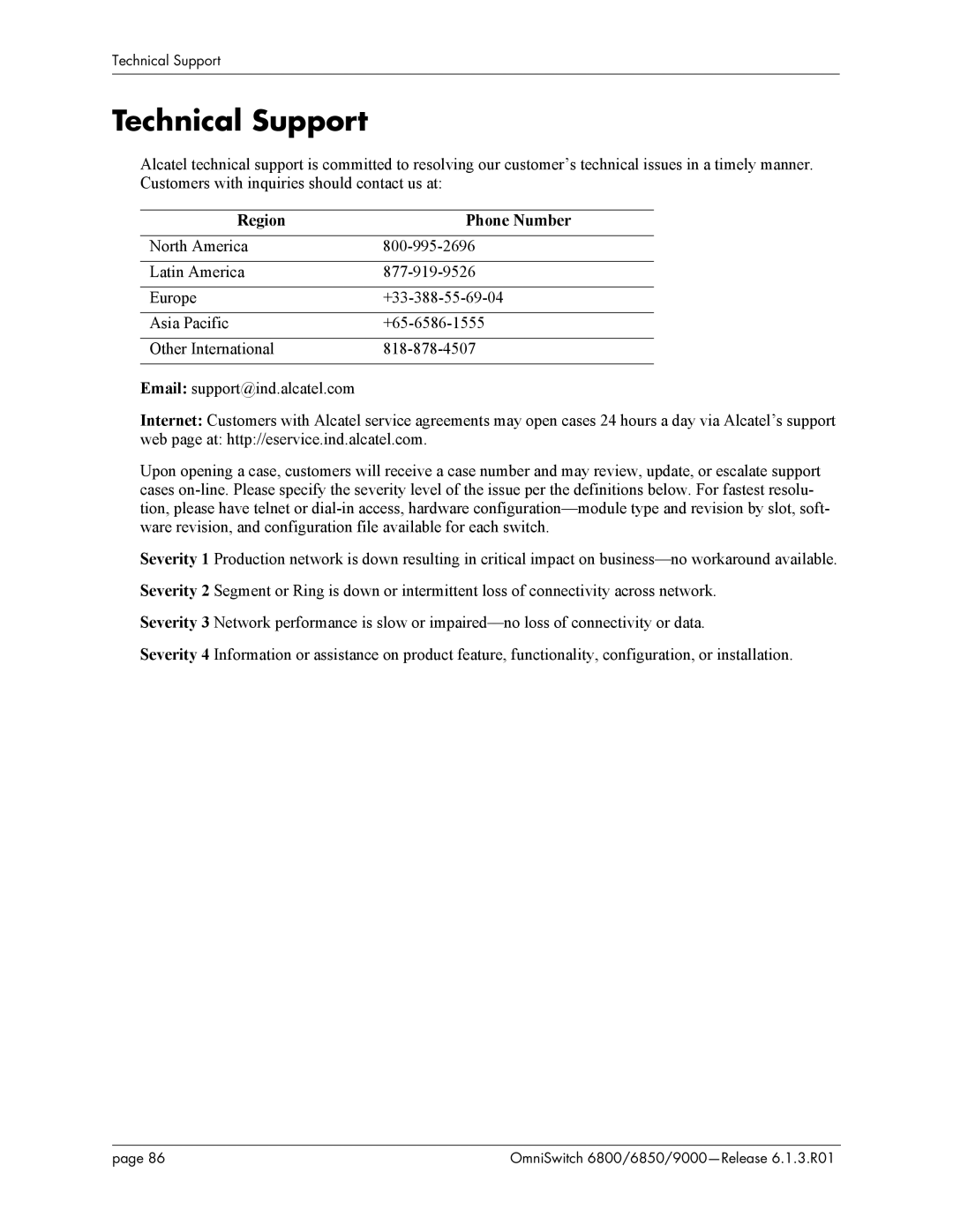 Alcatel-Lucent 6850, 9000, 6800 user manual Technical Support, Region Phone Number 