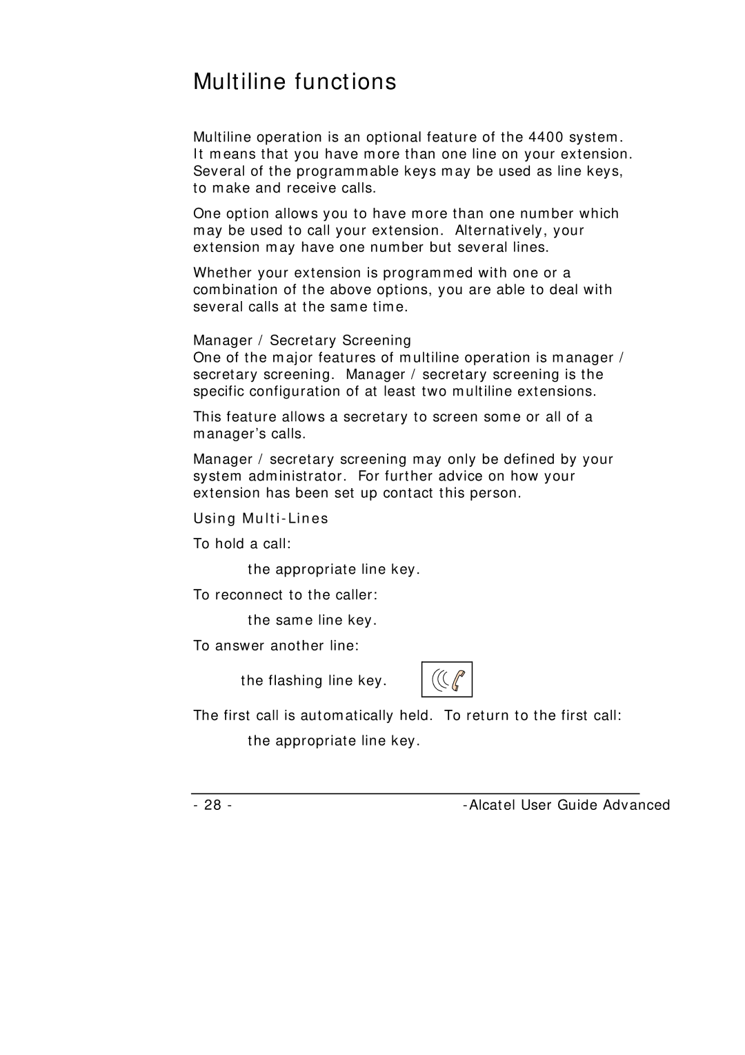 Alcatel-Lucent Alcatel 4400 manual Multiline functions, Using Multi-Lines 