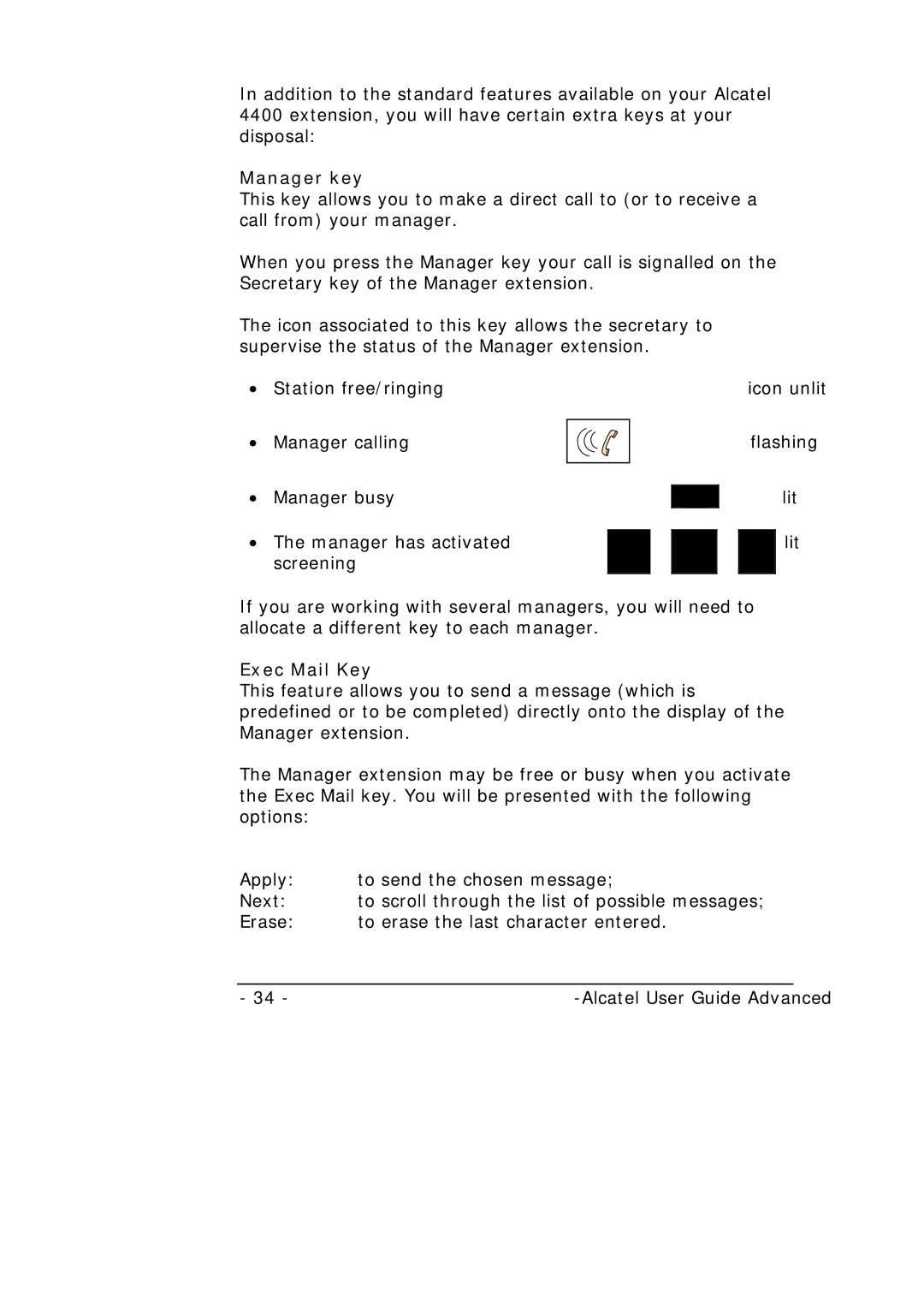 Alcatel-Lucent Alcatel 4400 manual Manager key, Exec Mail Key 