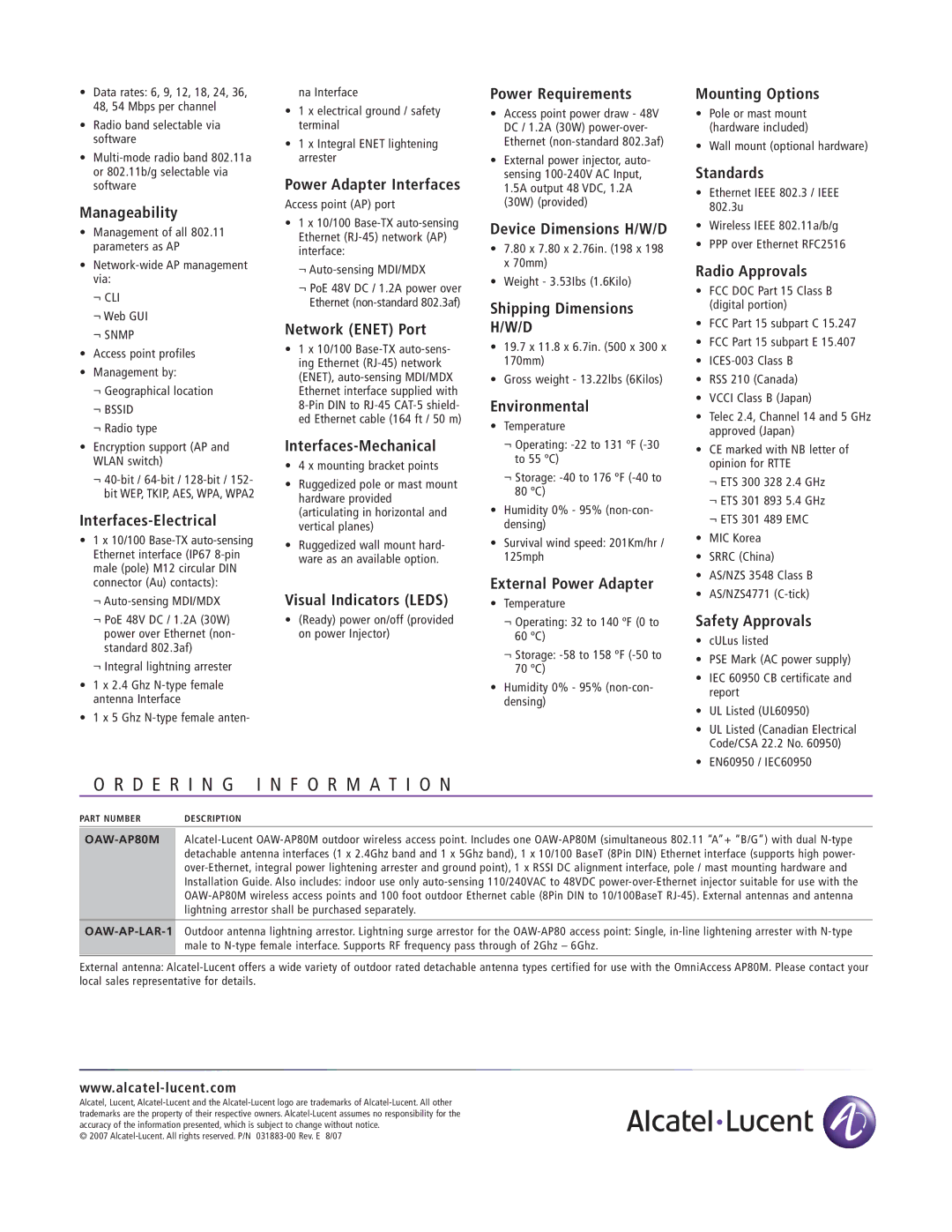 Alcatel-Lucent AP80 technical specifications D E R I N G I N F O R M a T I O N 