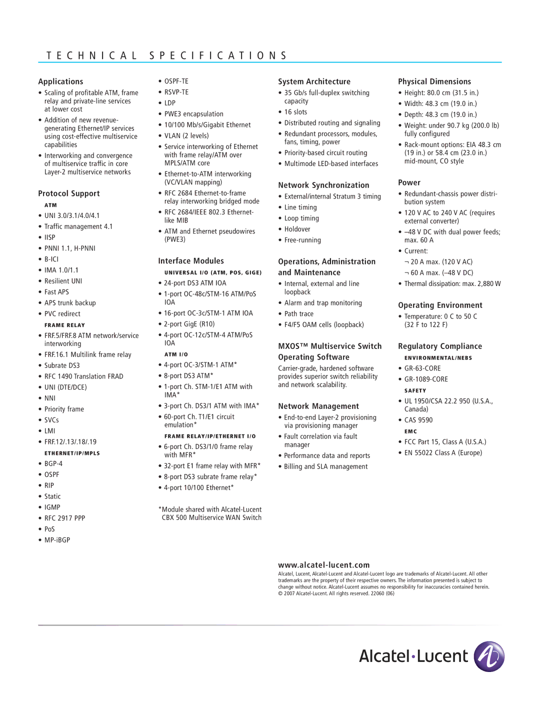 Alcatel-Lucent CBX 3500 manual C H N I C a L Specification S 