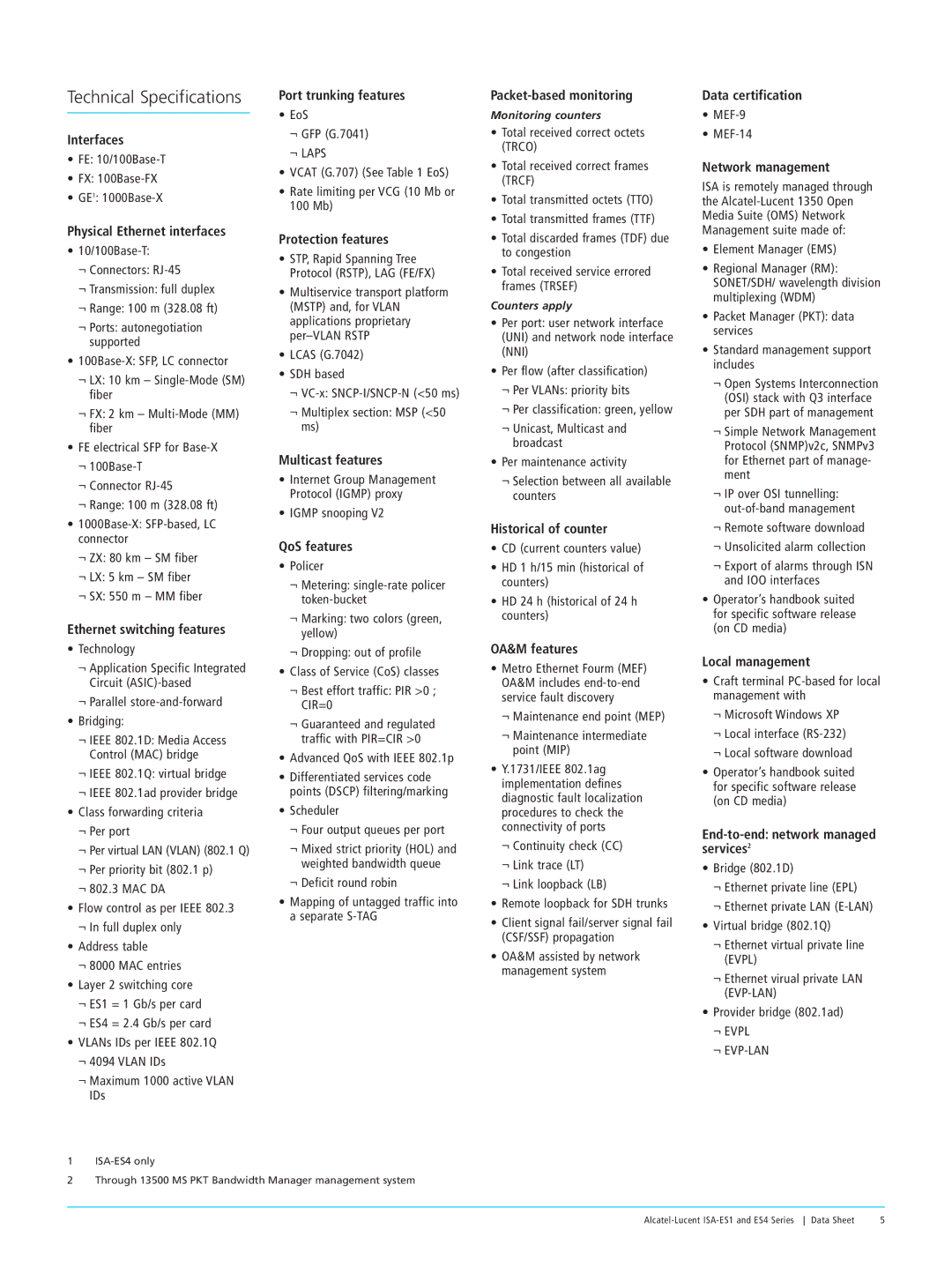 Alcatel-Lucent ISA-ES1, ES4 Series manual Technical Specifications 