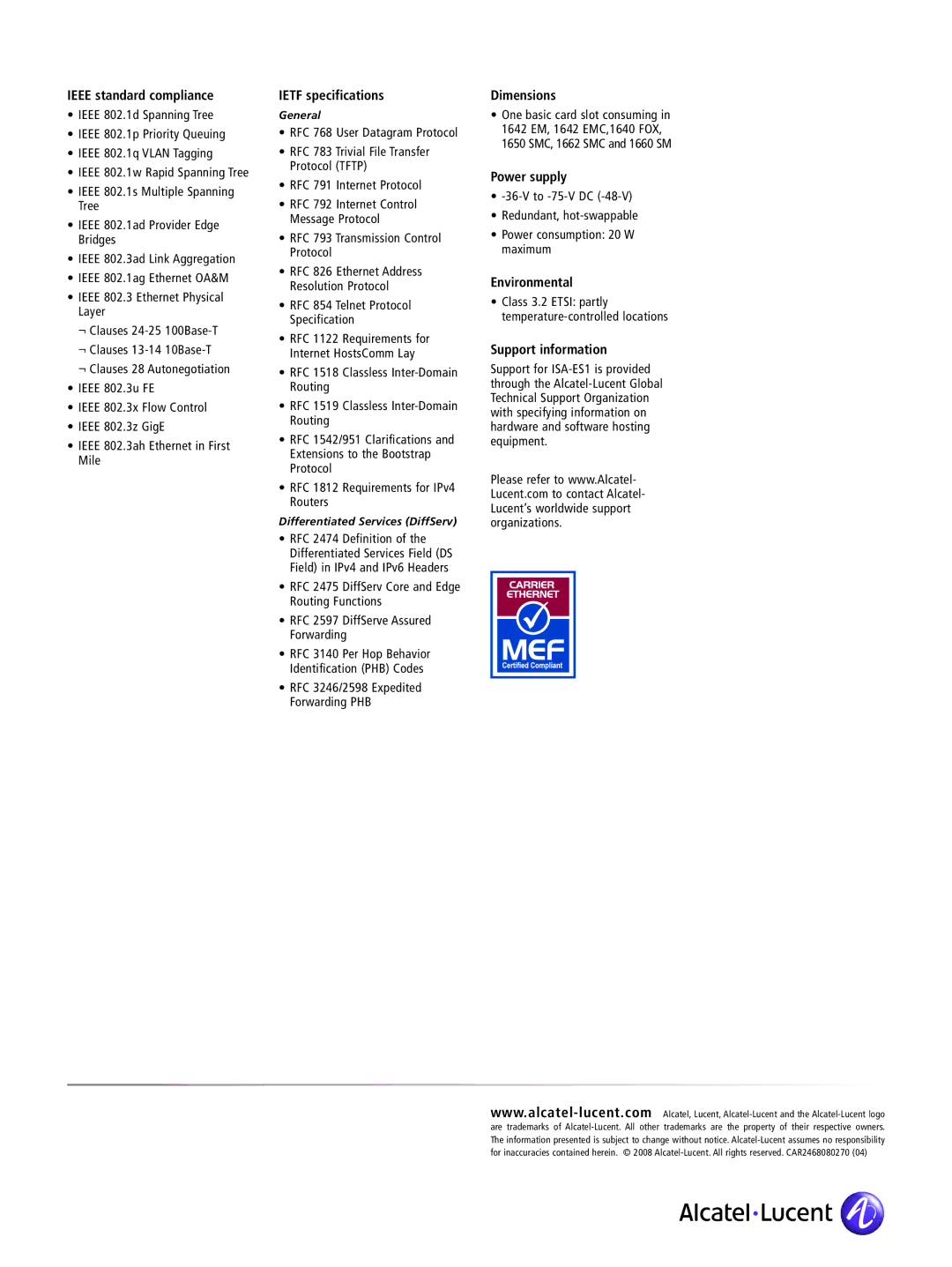 Alcatel-Lucent ES4 Series, ISA-ES1 Ieee standard compliance, Ietf specifications, Dimensions, Power supply, Environmental 