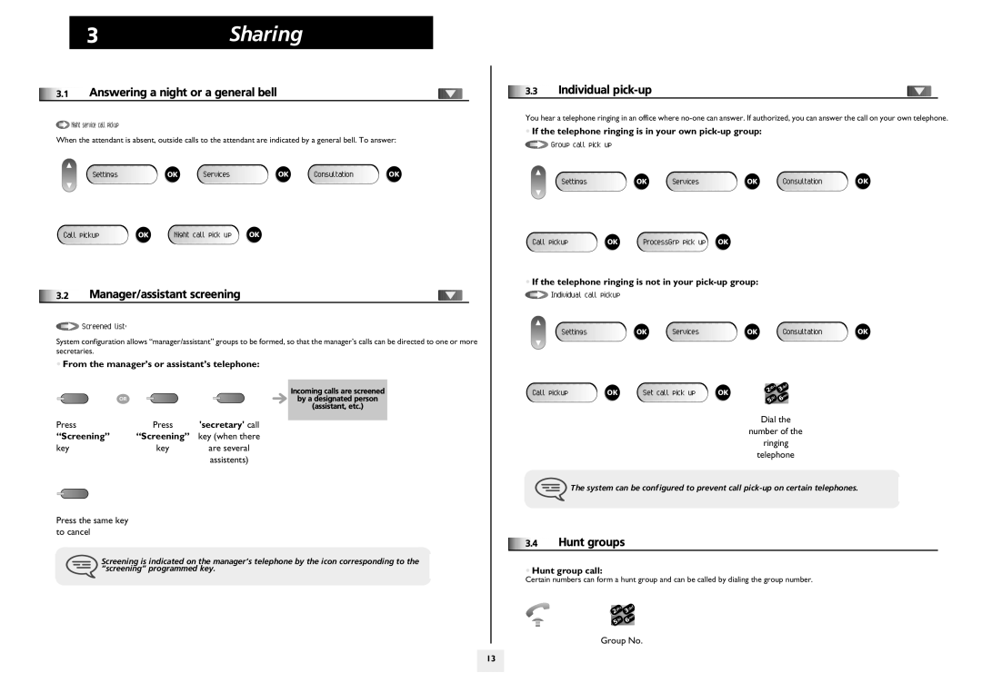 Alcatel-Lucent IP Touch 4018 manual 3Sharing, Hunt groups, Answering a night or a general bell, Manager/assistant screening 