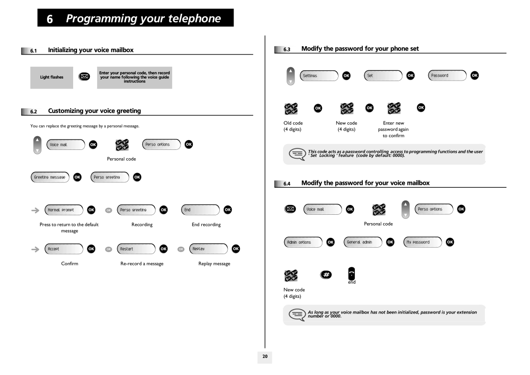 Alcatel-Lucent 4019 Digital Programming your telephone, Initializing your voice mailbox, Customizing your voice greeting 