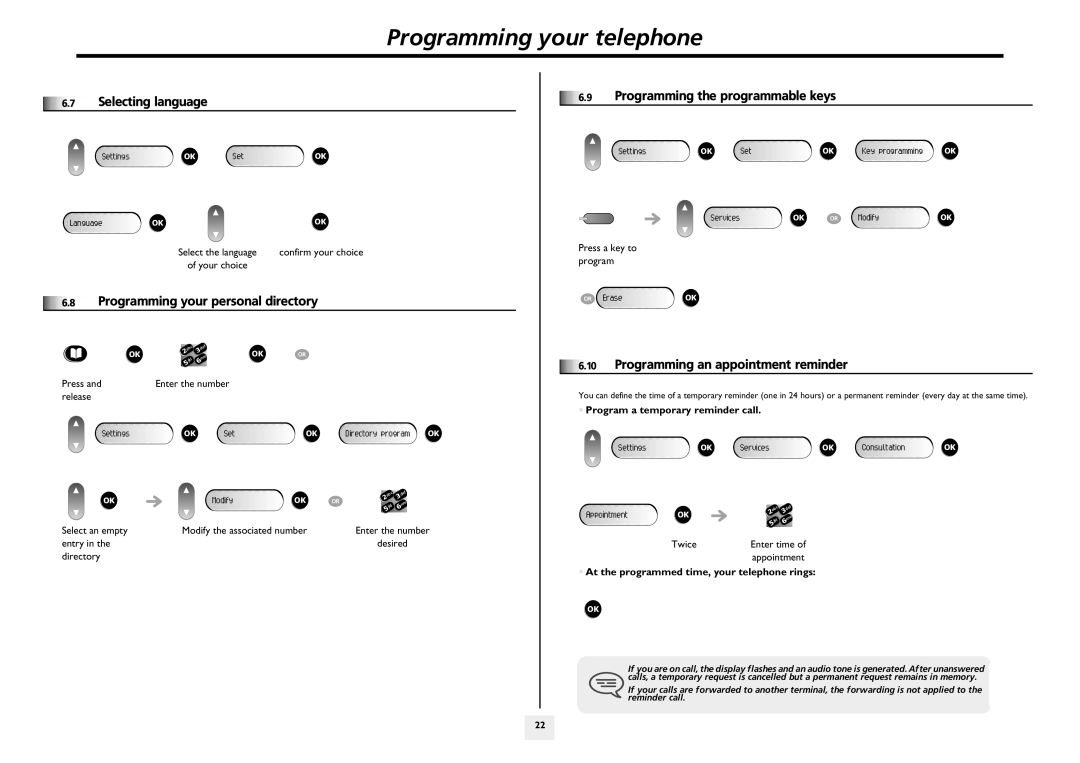 Alcatel-Lucent IP Touch 4018 Programming an appointment reminder, Selecting language, Programming your personal directory 