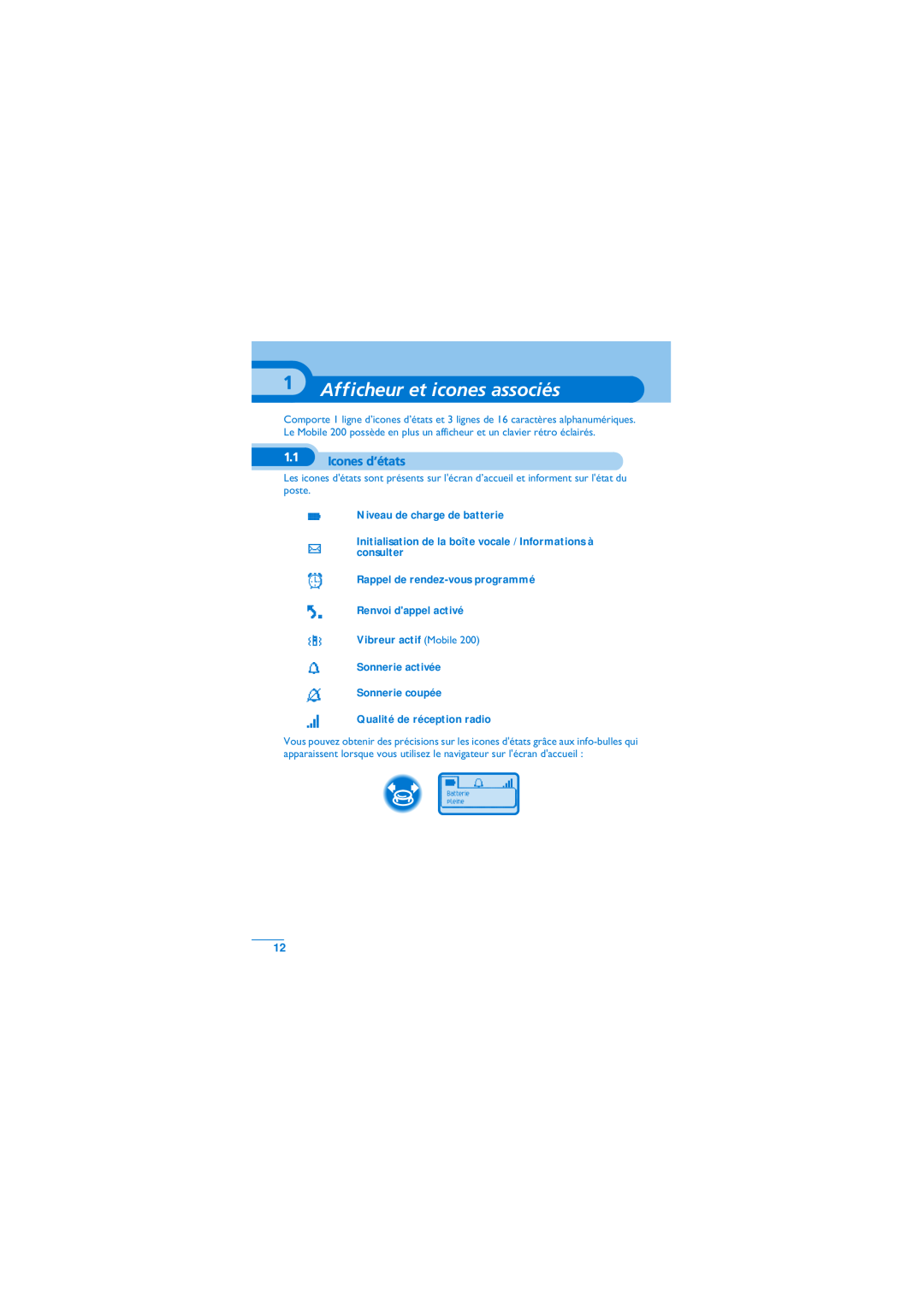 Alcatel-Lucent Mobile Reflexes 100 manual Afficheur et icones associés, Icones d’états, Niveau de charge de batterie 