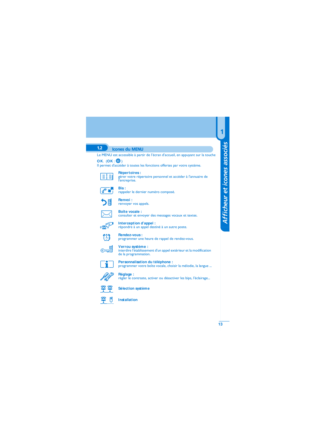 Alcatel-Lucent Mobile Reflexes 100 manual Afficheur et icones associés, Icones du MENU, Répertoires, Renvoi, Boîte vocale 