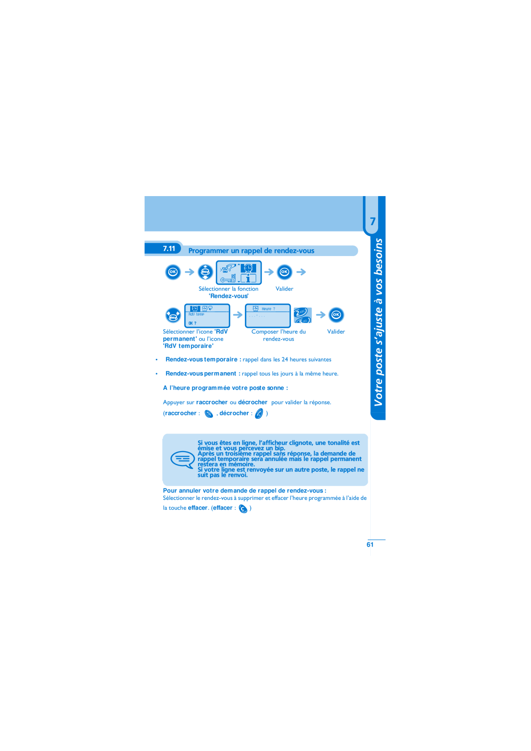 Alcatel-Lucent Mobile Reflexes 100 manual Programmer un rappel de rendez-vous, permanent ou l’icone, RdV temporaire 