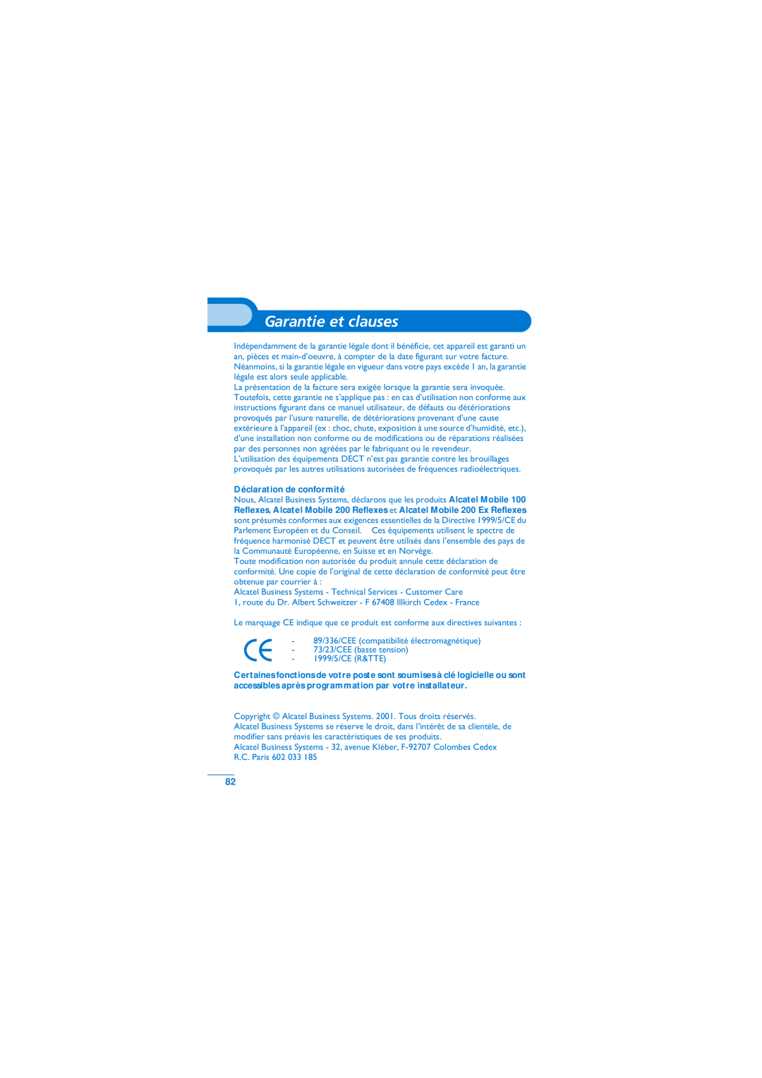 Alcatel-Lucent Mobile Reflexes 100 manual Garantie et clauses, Déclaration de conformité 