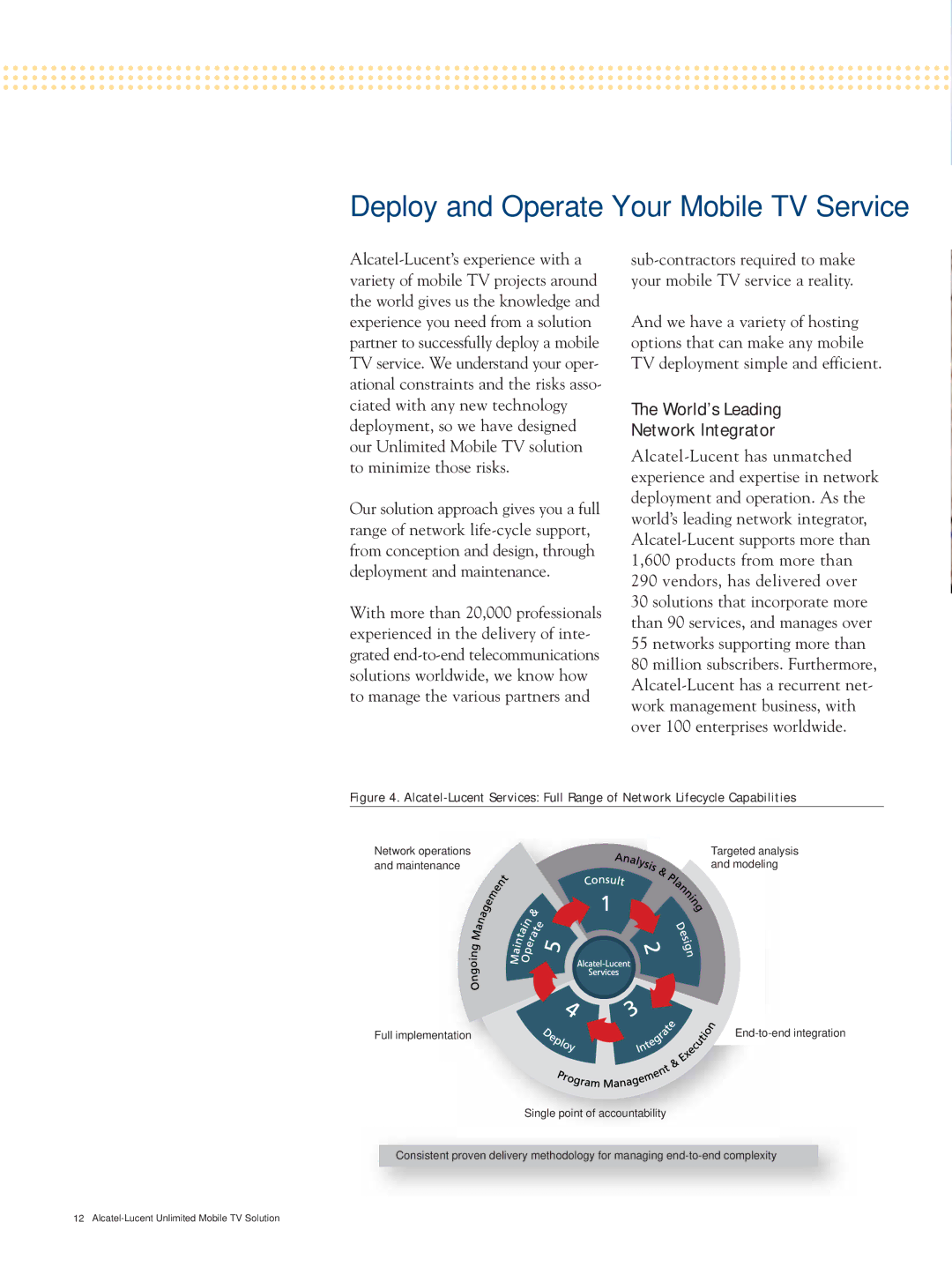 Alcatel-Lucent manual Deploy and Operate Your Mobile TV Service, World’s Leading Network Integrator 