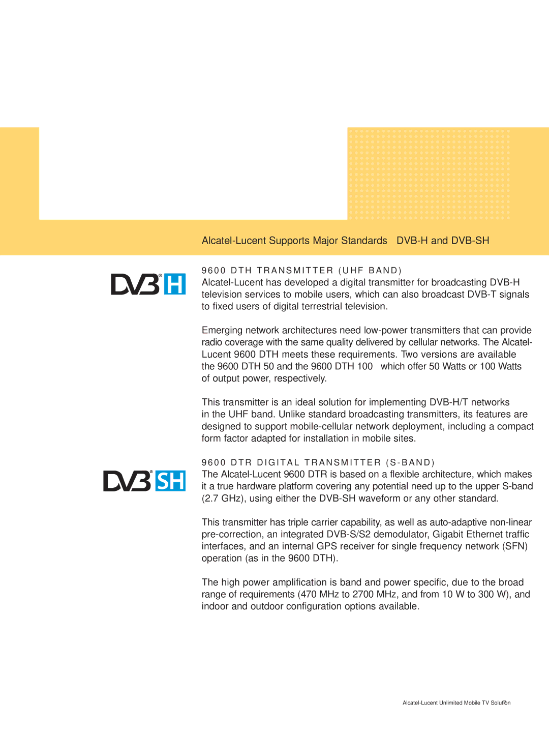 Alcatel-Lucent Mobile TV manual Alcatel-Lucent Supports Major Standards DVB-H and DVB-SH 