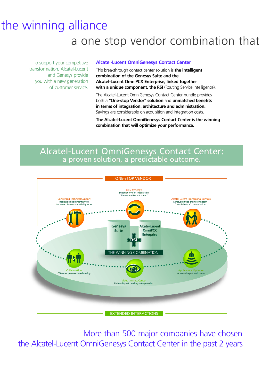 Alcatel-Lucent manual Winning alliance, One stop vendor combination that, Alcatel-Lucent OmniGenesys Contact Center 