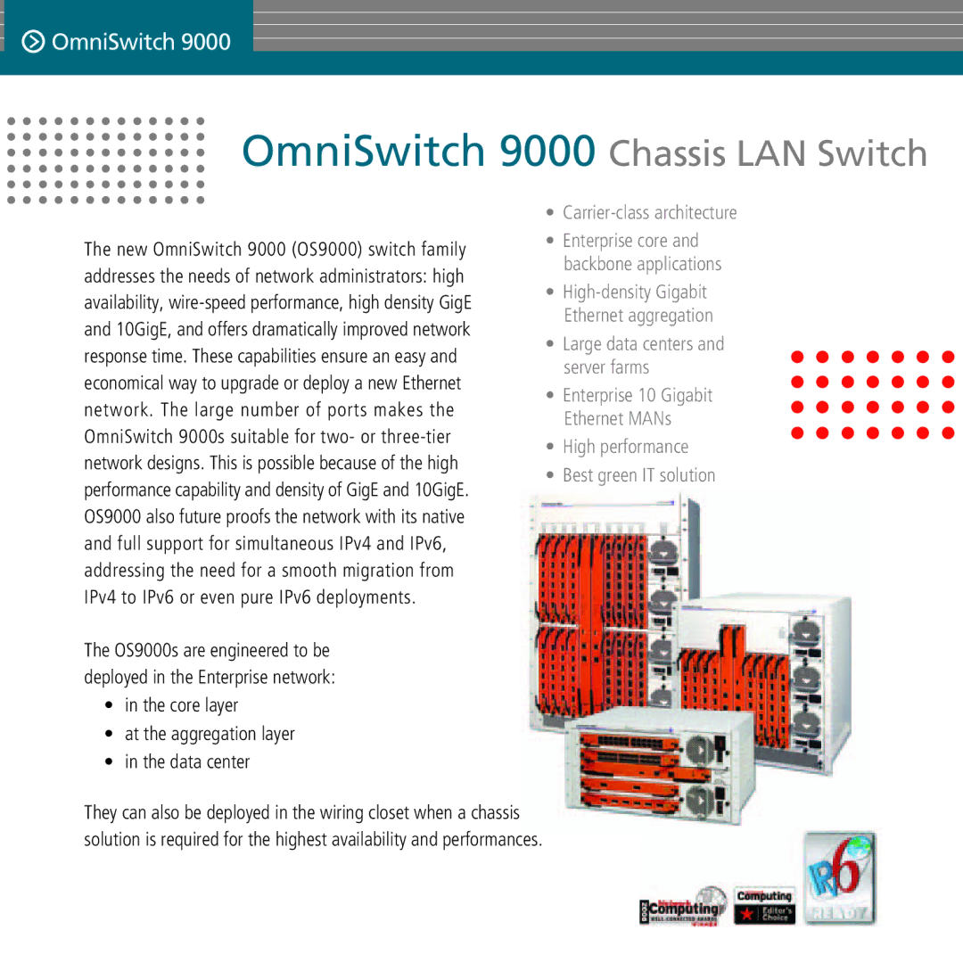 Alcatel-Lucent OS9000 manual OmniSwitch 9000 Chassis LAN Switch 