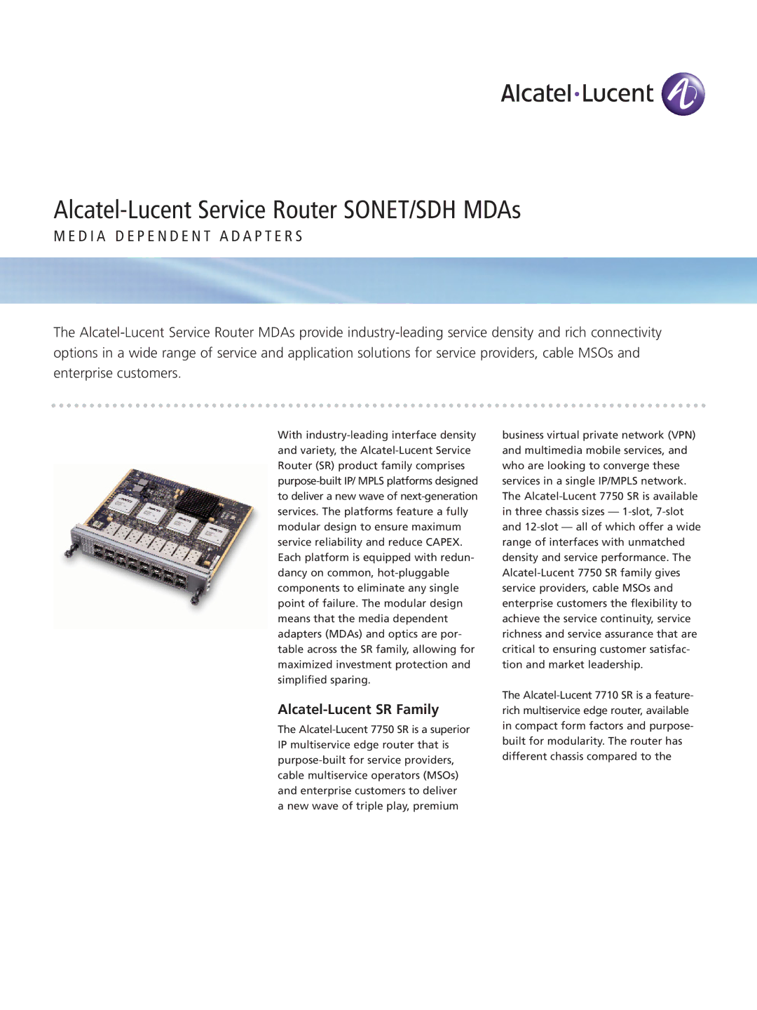 Alcatel-Lucent SONET/SDH MDAs manual D I a D E P E N D E N T a D a P T E R S, Alcatel-Lucent SR Family 