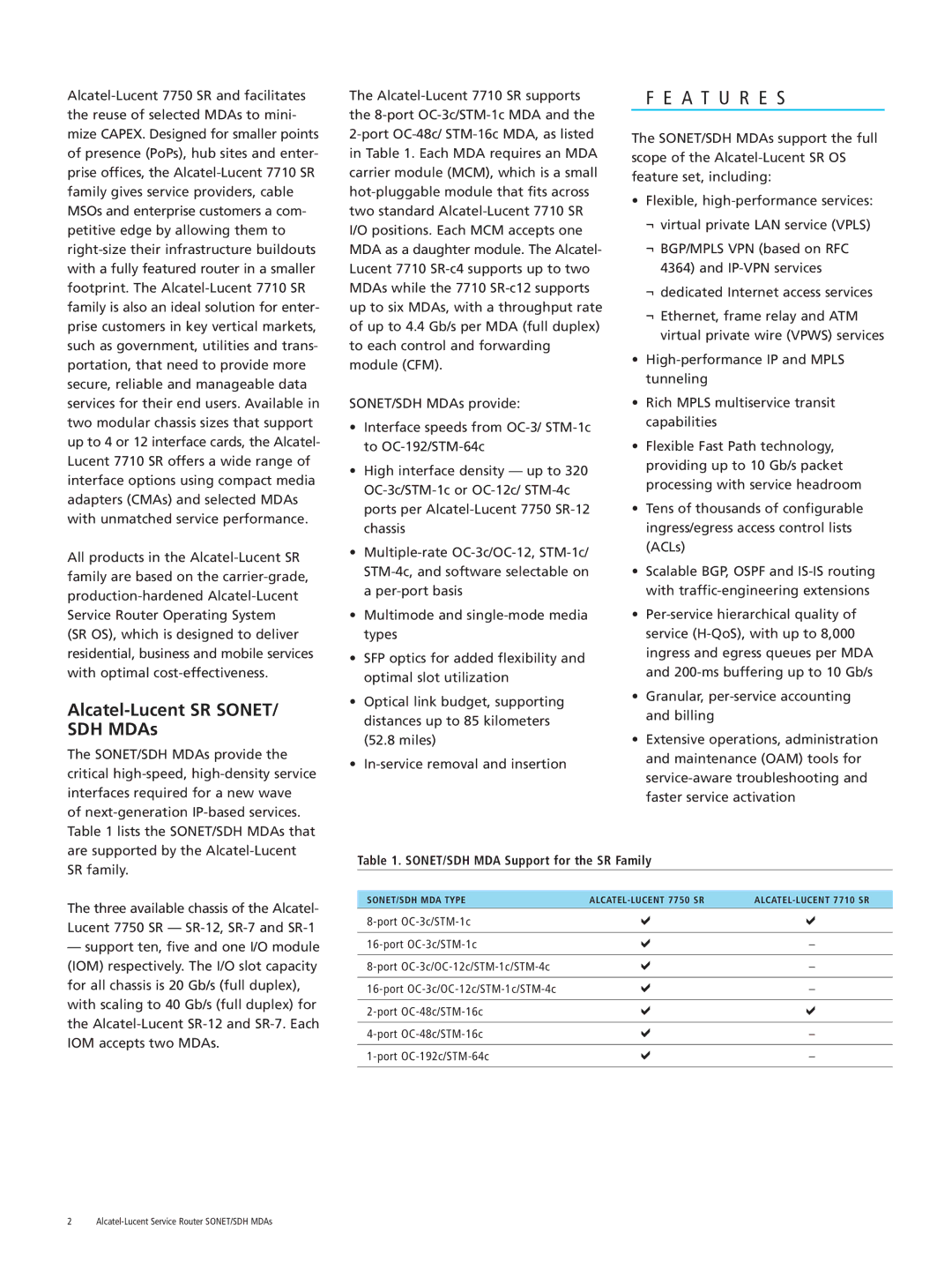 Alcatel-Lucent SONET/SDH MDAs A T U R E S, Alcatel-Lucent SR SONET/ SDH MDAs, SONET/SDH MDA Support for the SR Family 