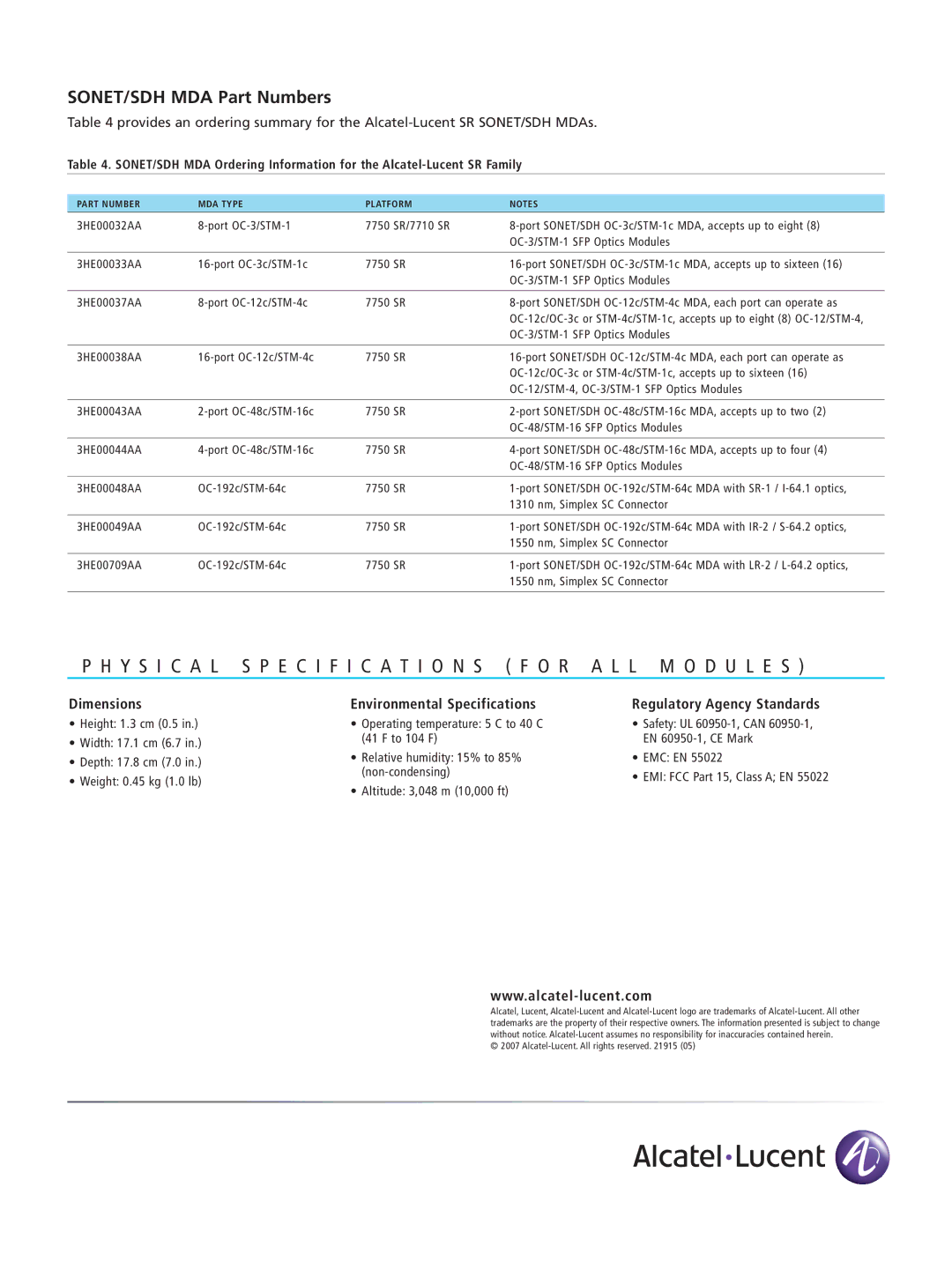 Alcatel-Lucent SONET/SDH MDAs manual SONET/SDH MDA Part Numbers, Regulatory Agency Standards 