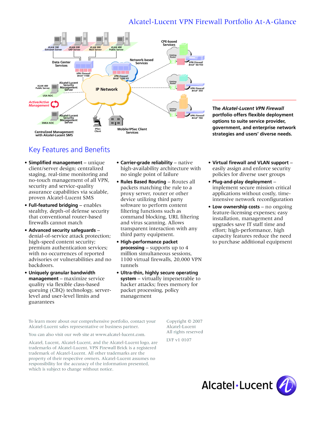 Alcatel-Lucent manual Alcatel-Lucent VPN Firewall Portfolio At-A-Glance 