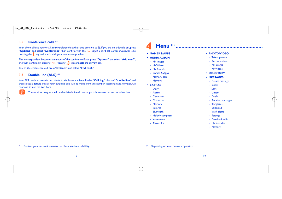 Alcatel Mobile Phone manual Menu, Conference calls, Double line ALS 