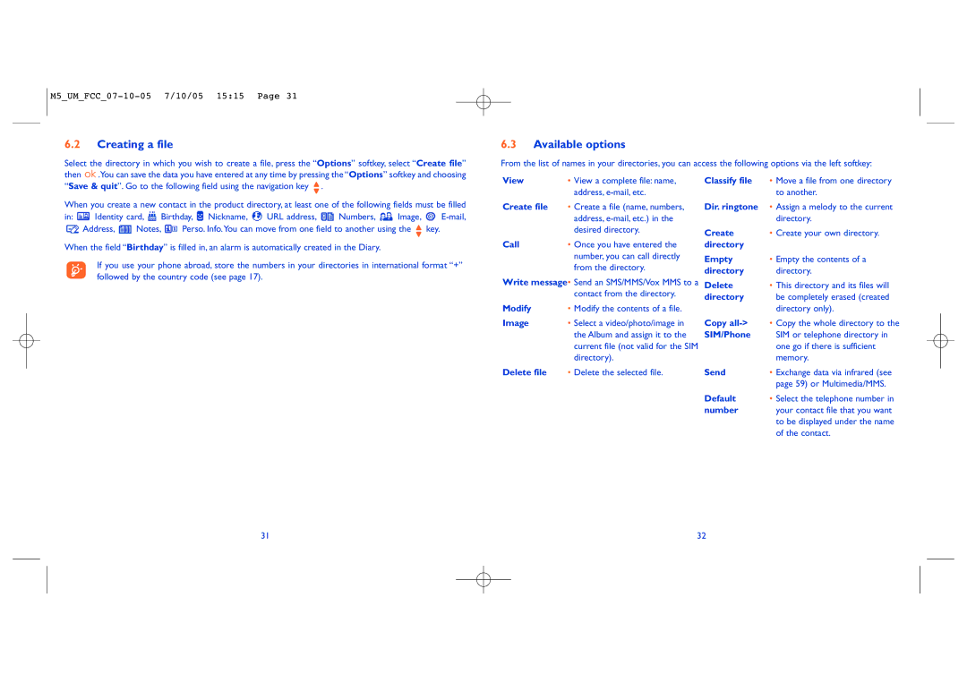 Alcatel Mobile Phone manual Creating a file, Available options 
