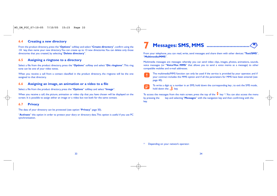 Alcatel Mobile Phone manual Messages SMS, MMS, Creating a new directory, Assigning a ringtone to a directory, Privacy 