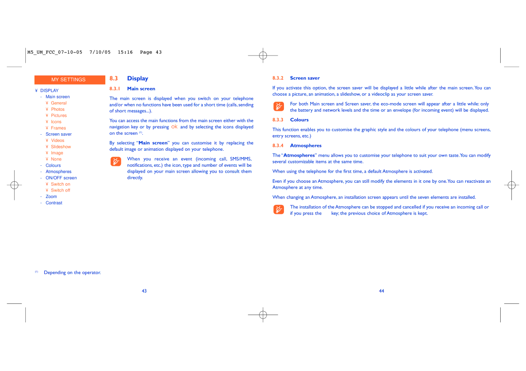 Alcatel Mobile Phone manual Display, Main screen, Screen saver, Colours, Atmospheres 