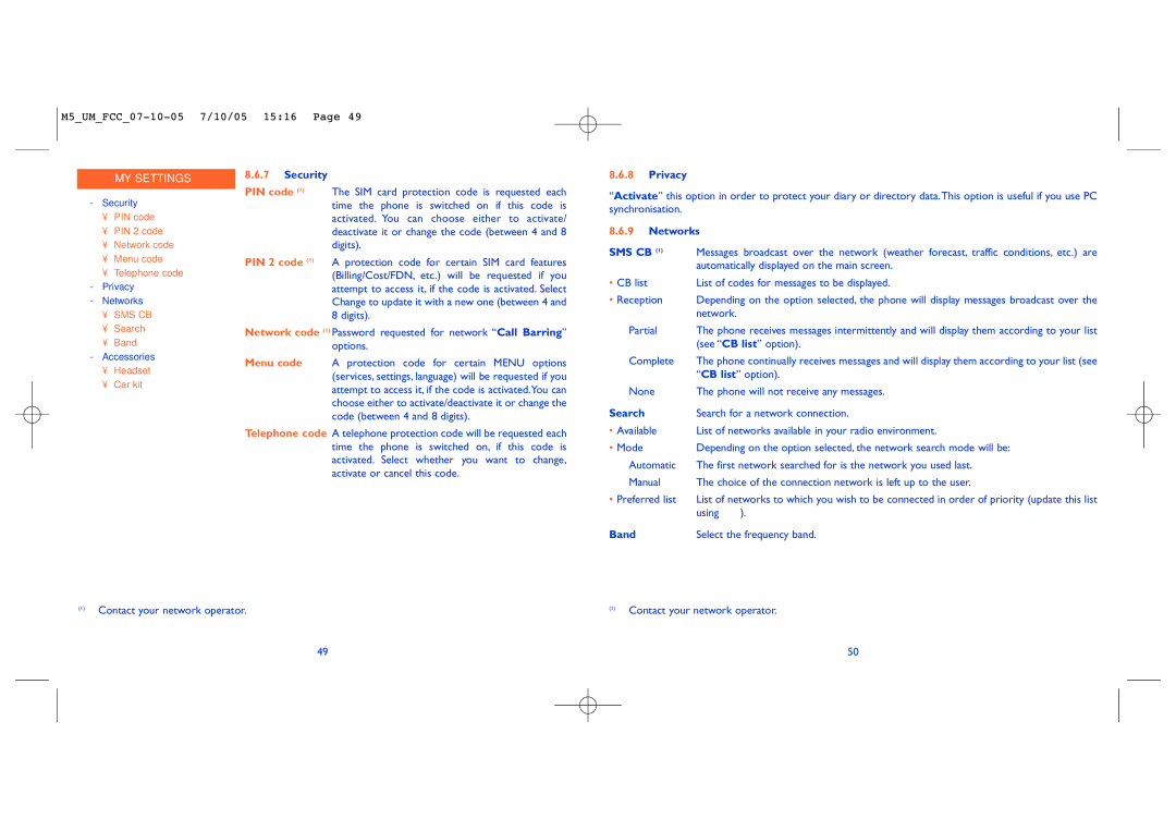 Alcatel Mobile Phone manual Security, Privacy, Networks SMS CB, Search, Band 