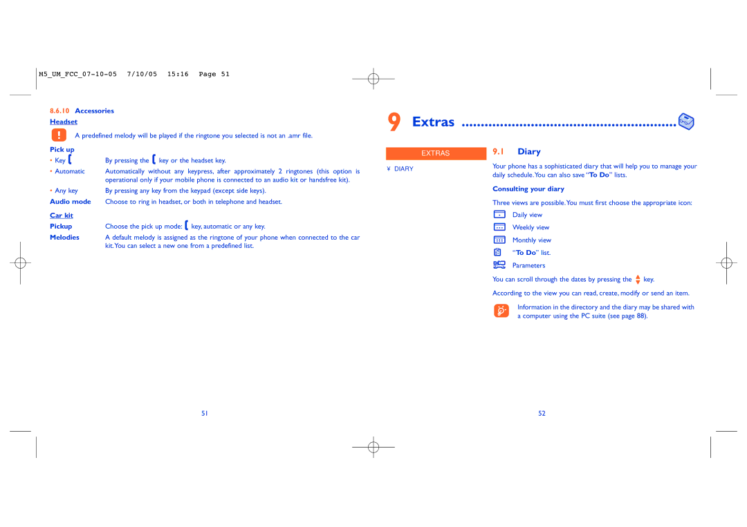 Alcatel Mobile Phone manual Extras, Diary 