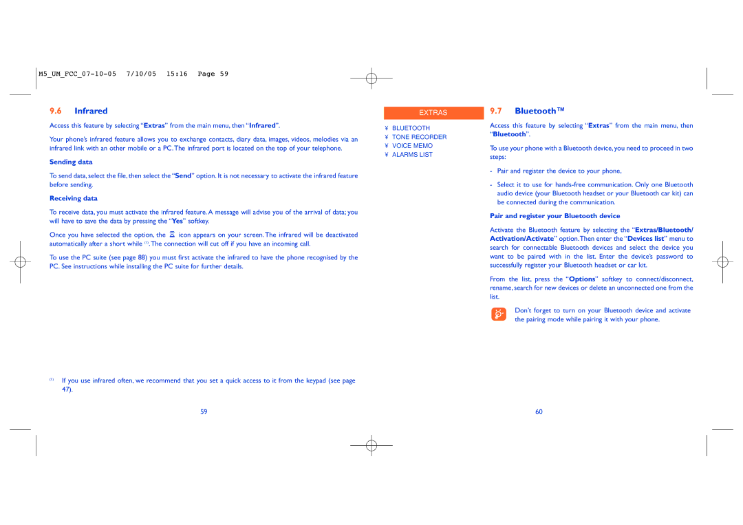 Alcatel Mobile Phone manual Infrared, Sending data, Receiving data, Pair and register your Bluetooth device 